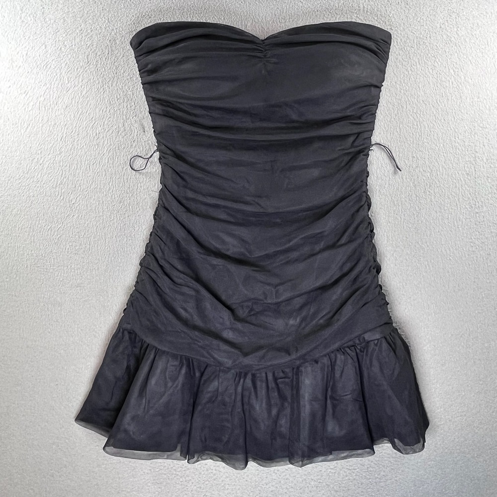Forever 21 Women Mini Dress Black Nylon Ruched Large Y2K Party Bodycon Strapless